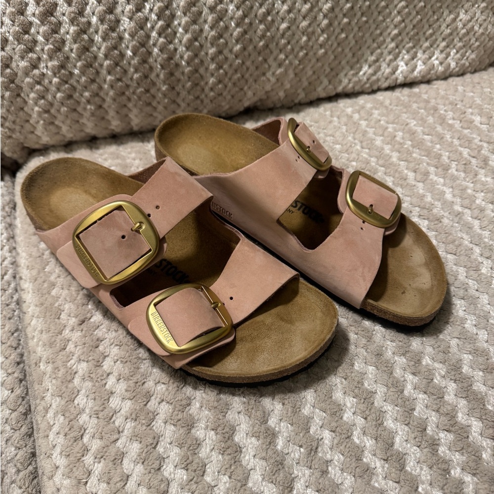 Birkenstock Blush Sandals with Gold Buckles